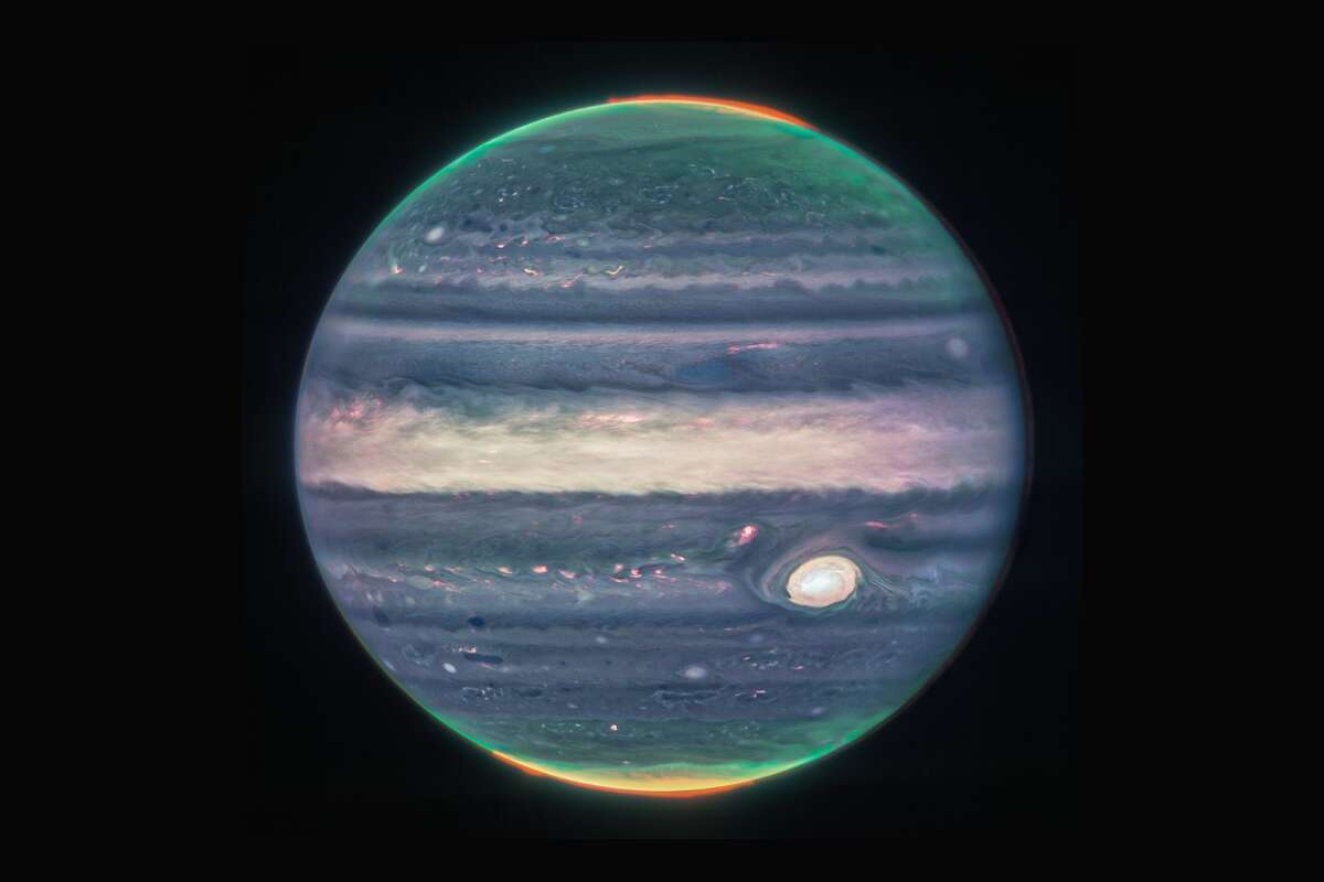 A James Webb Space Telescope NIRCam composite image of Jupiter showcases details of the planet in infrared light. 