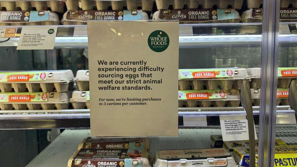 A sign posted in store coolers at Whole Foods on Ocean Avenue in San Francisco reads, “For now, we’re limiting purchases to 3 cartons per customer.” Some San Francisco grocery stores have begun limiting the number of eggs customers can buy amid a nationwide dairy shortage spurred by the outbreak of H5N1 avian flu, commonly known as bird flu. 