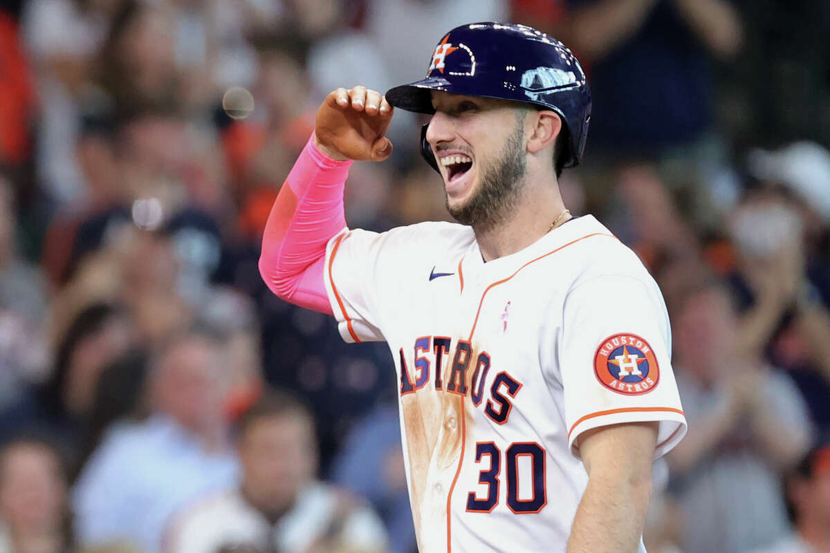 Kyle Tucker #30 of the Houston Astros celebrates after hitting a three run home run during the fourth inning against the Toronto Blue Jays at Minute Maid Park on May 09, 2021 in Houston, Texas. 