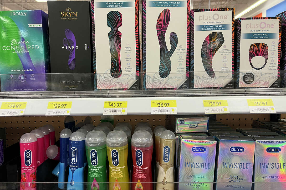 Condoms, sexual lubricant and sex toys at a store in Toronto, Ontario, Canada on March 11, 2023. Inflation and high grocery prices continue to plague Canadians. (Photo by Creative Touch Imaging Ltd./NurPhoto via Getty Images)