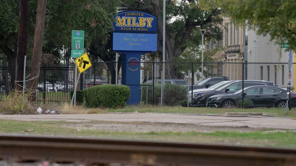 Train tracks are seen next to Milby High School on Tuesday December 10, 2014. Student Sergio Rodriguez, 15, was struck and killed by a train around 7:30 a.m. near campus in Houston, TX on Monday December 9, 2024.