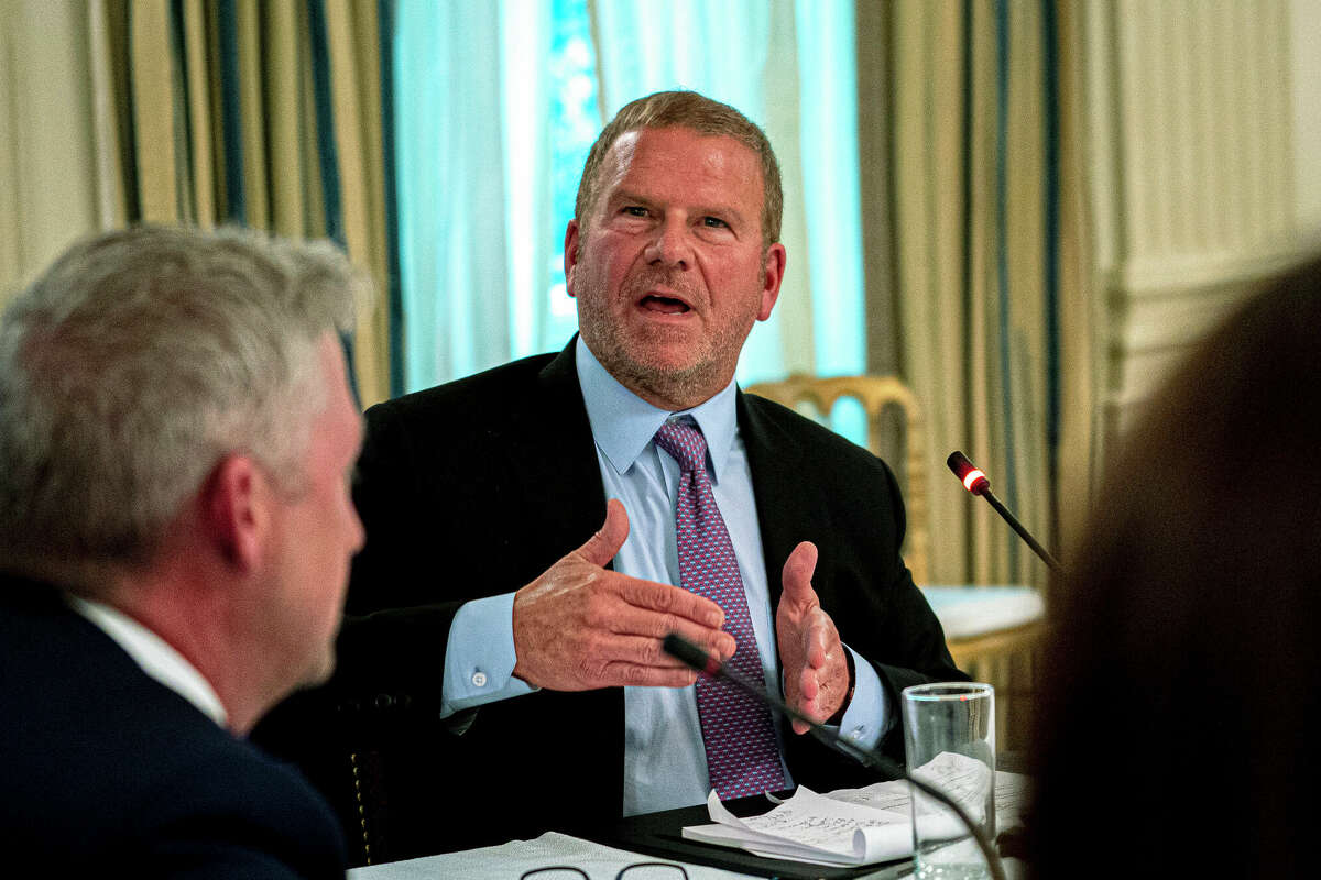 NYTVIRUS - Tilman Fertitta is the owner of the Houston Rockets makes remarks towards President Donald Trump as he participates in a roundtable with Restaurant Executives and Industry Leaders in the State Dining Room, Monday, May 18, 2020. ( Photo by Doug Mills/The New York Times)