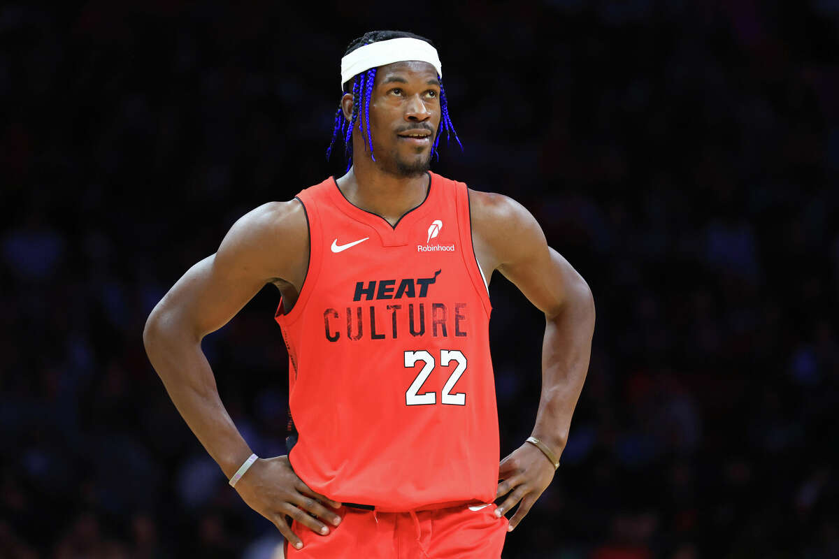 MIAMI, FLORIDA - DECEMBER 08: Jimmy Butler #22 of the Miami Heat looks on against the Cleveland Cavaliers during the fourth quarter of the game at Kaseya Center on December 08, 2024 in Miami, Florida. NOTE TO USER: User expressly acknowledges and agrees that, by downloading and or using this photograph, User is consenting to the terms and conditions of the Getty Images License Agreement. (Photo by Megan Briggs/Getty Images)