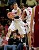 Stanford guard Mitch Johnson (1) gets the rebound in front of teammate guard Landry Fields (2) against Washington State in the first half of an NCAA college basketball game in Stanford, Calif., Thursday, Feb. 5, 2009.