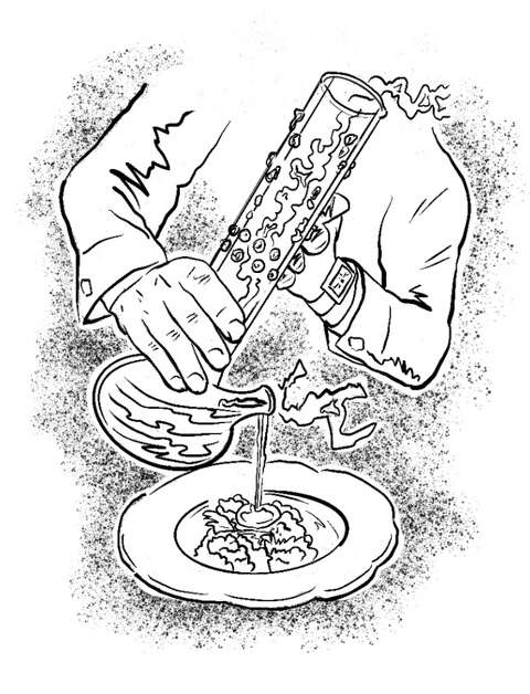 Soup poured from a glass bong.