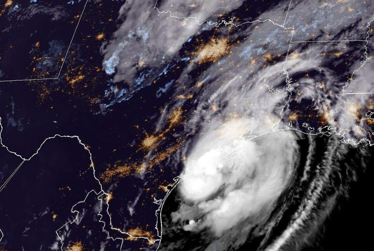 In this weather satellite photo of Texas taken Monday morning at 1:30 a.m., Hurricane Beryl can be seen approaching the Texas Gulf Coast. The center of the storm was within 30 miles of Matagorda Bay.