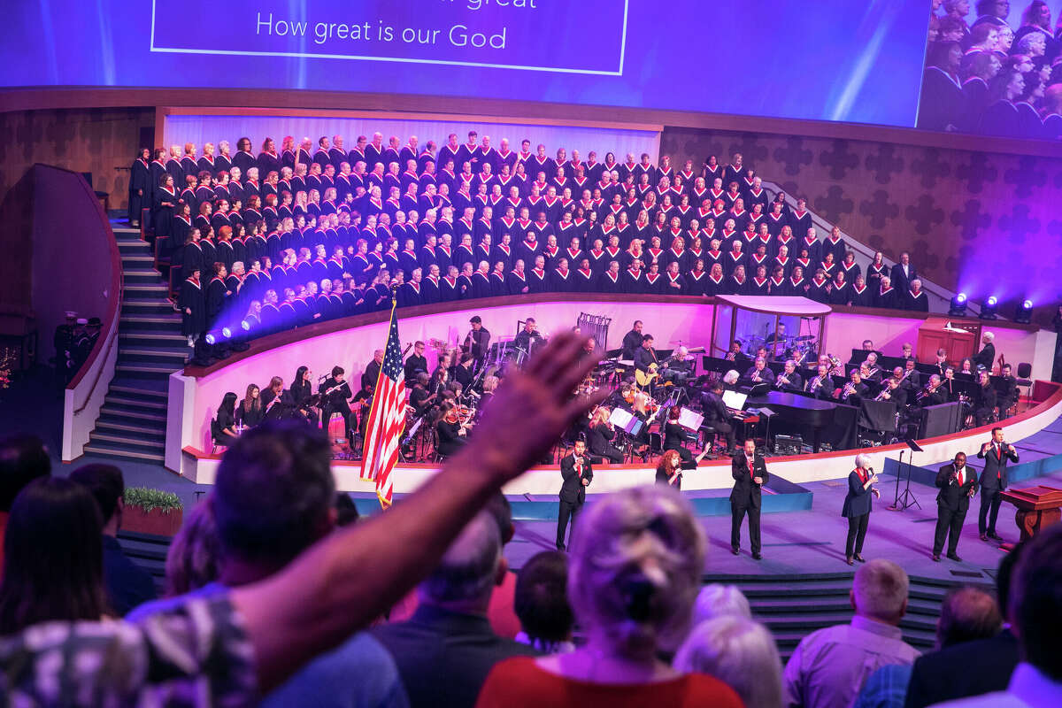 Congregants at First Baptist Dallas church celebrate Freedom in Dallas, Texas. 