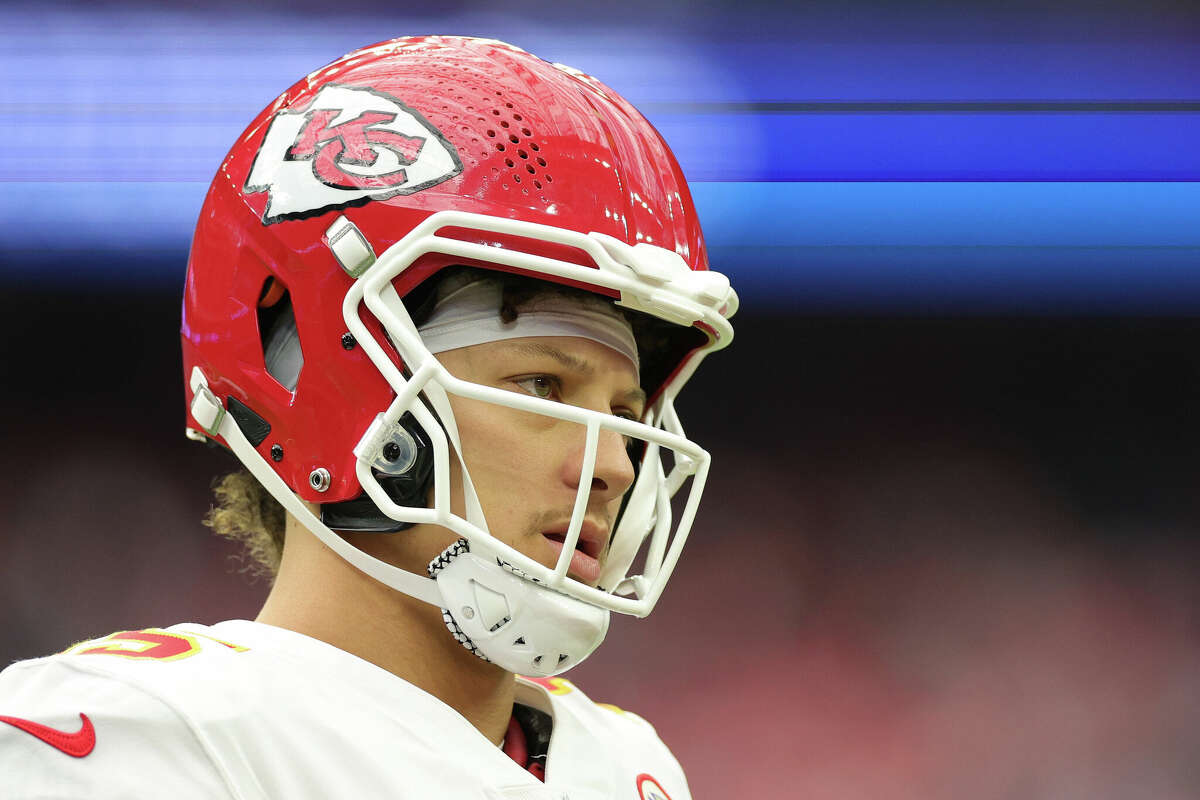 HOUSTON, TEXAS - DECEMBER 18: Patrick Mahomes #15 of the Kansas City Chiefs looks on during the first half of the game against the Houston Texans at NRG Stadium on December 18, 2022 in Houston, Texas. (Photo by Carmen Mandato/Getty Images)