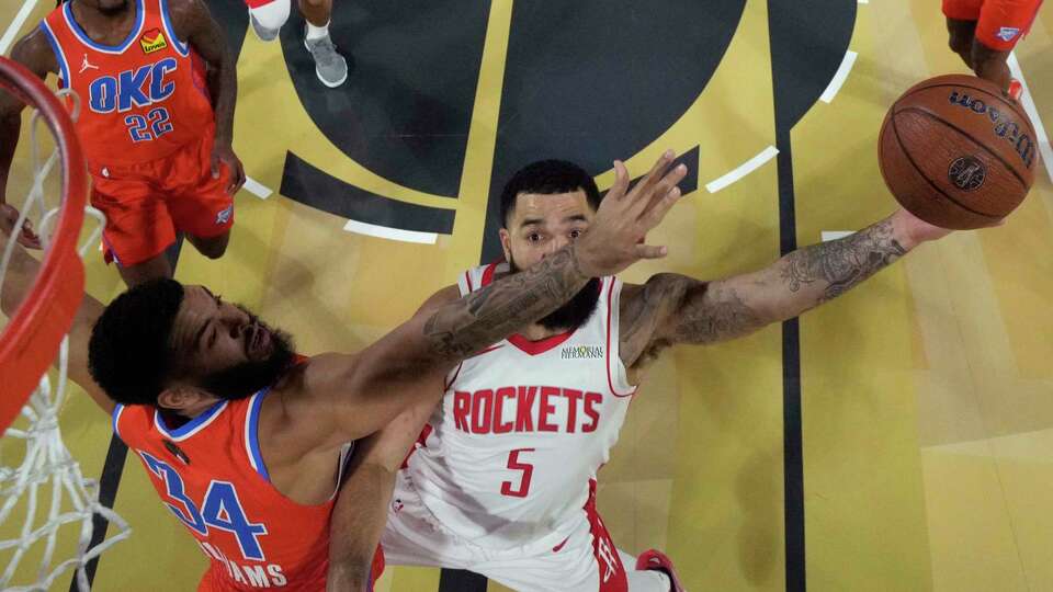 LAS VEGAS, NEVADA - DECEMBER 14: Houston Rockets guard Fred VanVleet (5) shoots against Oklahoma City Thunder forward Kenrich Williams (34) in the first half of a semifinal game of the Emirates NBA Cup at T-Mobile Arena on December 14, 2024 in Las Vegas, Nevada. NOTE TO USER: User expressly acknowledges and agrees that, by downloading and or using this photograph, User is consenting to the terms and conditions of the Getty Images License Agreement.