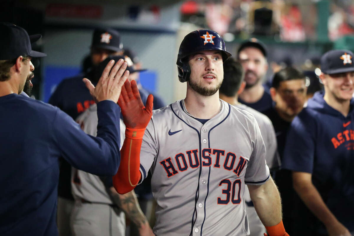 ANAHEIM, CALIFORNIA - SEPTEMBER 13: Kyle Tucker #30 of the Houston Astros celebrates his run in the third inning against the Los Angeles Angels at Angel Stadium of Anaheim on September 13, 2024 in Anaheim, California. (Photo by Meg Oliphant/Getty Images)