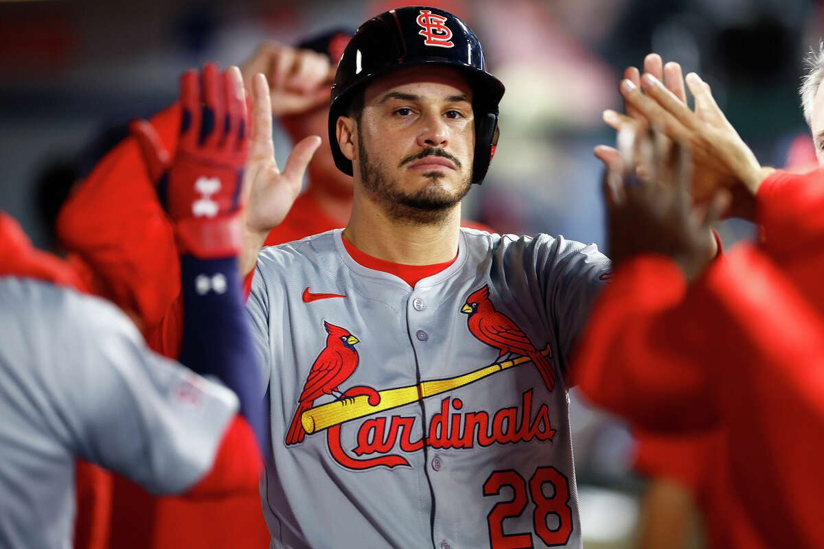 Nolan Arenado #28 of the St. Louis Cardinals celebrates a run against the Los Angeles Angels in the ninth inning at Angel Stadium of Anaheim on May 13, 2024 in Anaheim, California. 