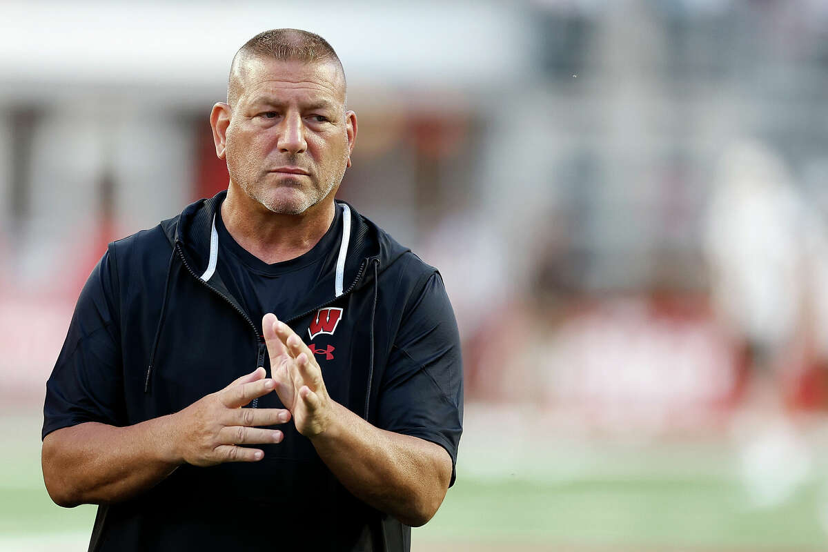 MADISON, WISCONSIN - AUGUST 30: Phil Longo offensive coordinator of the Wisconsin Badgers before game against the Western Michigan Broncos at Camp Randall Stadium on August 30, 2024 in Madison, Wisconsin. (Photo by John Fisher/Getty Images)