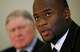 Bud Adams, Tennessee Titans team owner and former Oilers owner (left) and Vince Young (right), the newly drafted quarterback for the Titans hold a press conference at the Sugar Land Regional Airport, Sunday, April 30, 2006, one day after Young was drafted by Adams and the Titans.