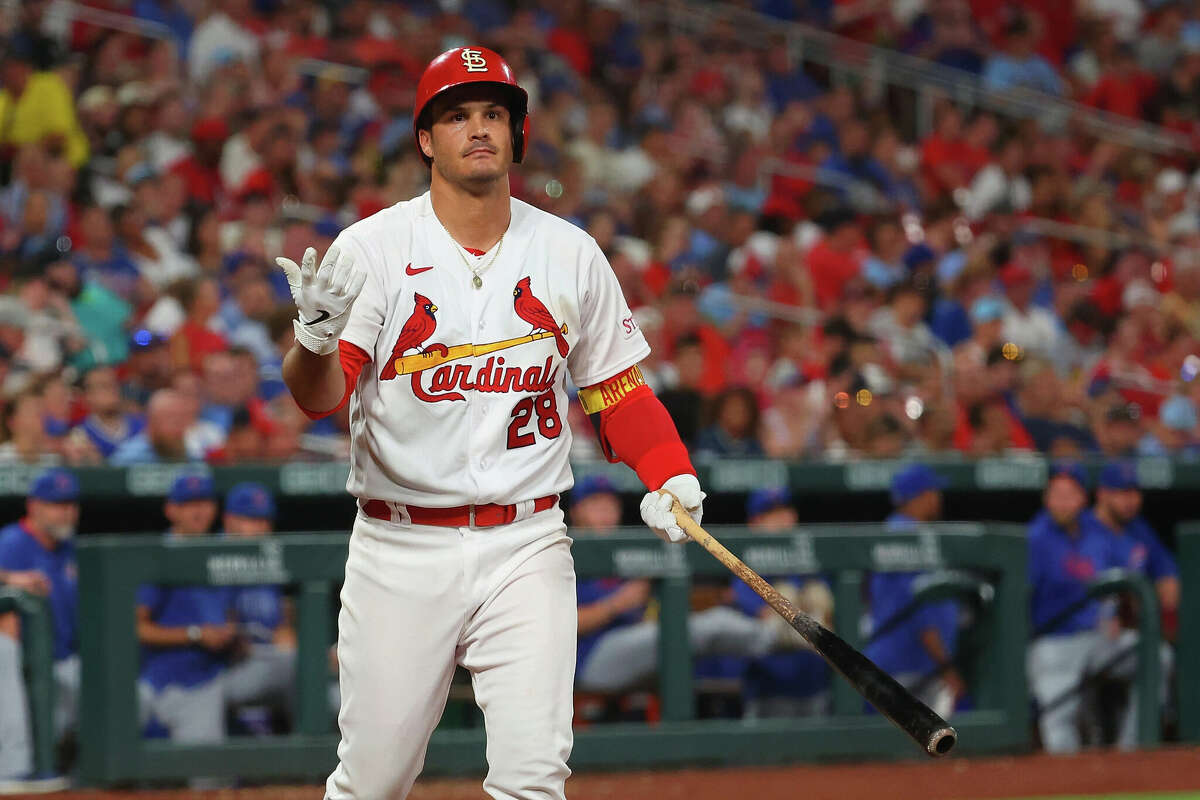 Nolan Arenado #28 of the St. Louis Cardinals reacts after striking out against the Chicago Cubs in the eighth inning at Busch Stadium on July 28, 2023 in St Louis, Missouri. 