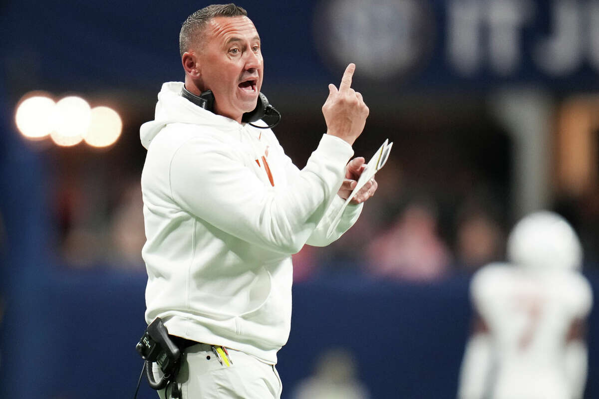 Texas head coach Steve Sarkisian argues a call during the first half of the SEC Championship college football game at Mercedes-Benz Stadium, Saturday, Dec. 7, 2024, in Atlanta.