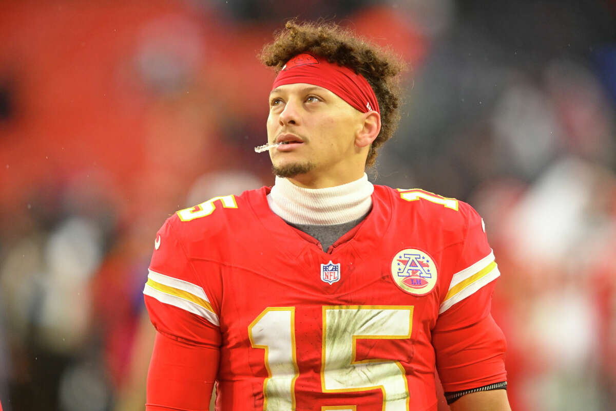 Kansas City Chiefs quarterback Patrick Mahomes (15) stands on the field during an NFL football game against the Cleveland Browns, Sunday, Dec. 15, 2024, in Cleveland. The Chiefs won 21-7. 