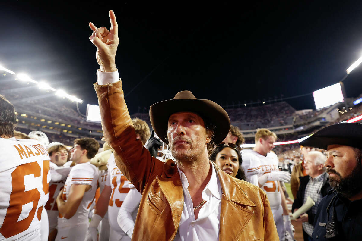  Actor Matthew McConaughey reacts after the game between the Texas A&M Aggies and the Texas Longhorns at Kyle Field on November 30, 2024 in College Station, Texas. 