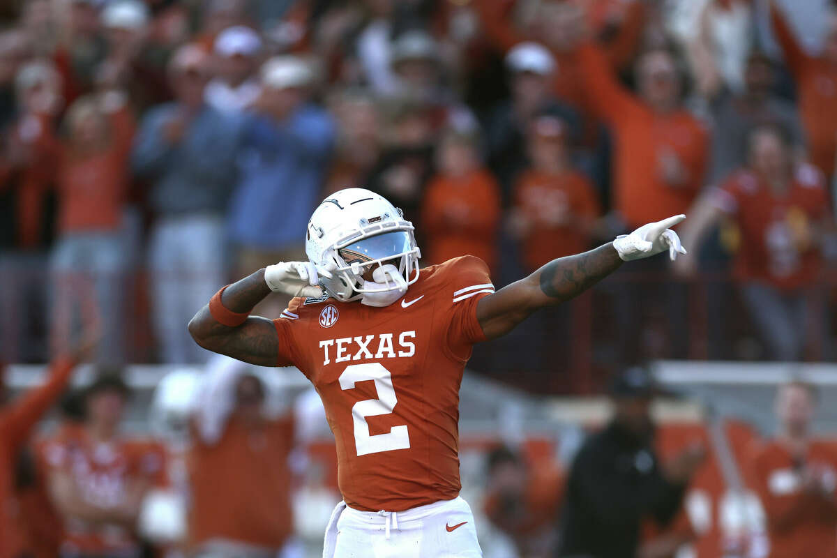 Matthew Golden #2 of the Texas Longhorns reacts after catching a pass during the second quarter against the Clemson Tigers in the Playoff First Round Game at Darrell K Royal-Texas Memorial Stadium on December 21, 2024 in Austin, Texas. 