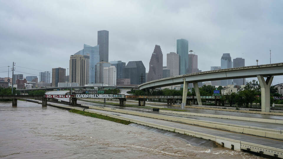 Severe flooding is seen next to the I-10 freeway just after Hurricane Beryl makes landfall on Monday, July 8, 2024 in Houston.