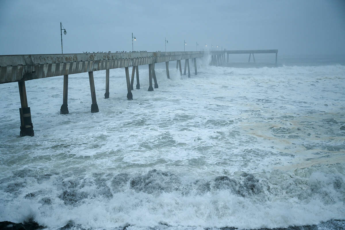 A view of big waves in Pacific Ocean at Municipal Pier of Pacifica, California on December 22, 2024.