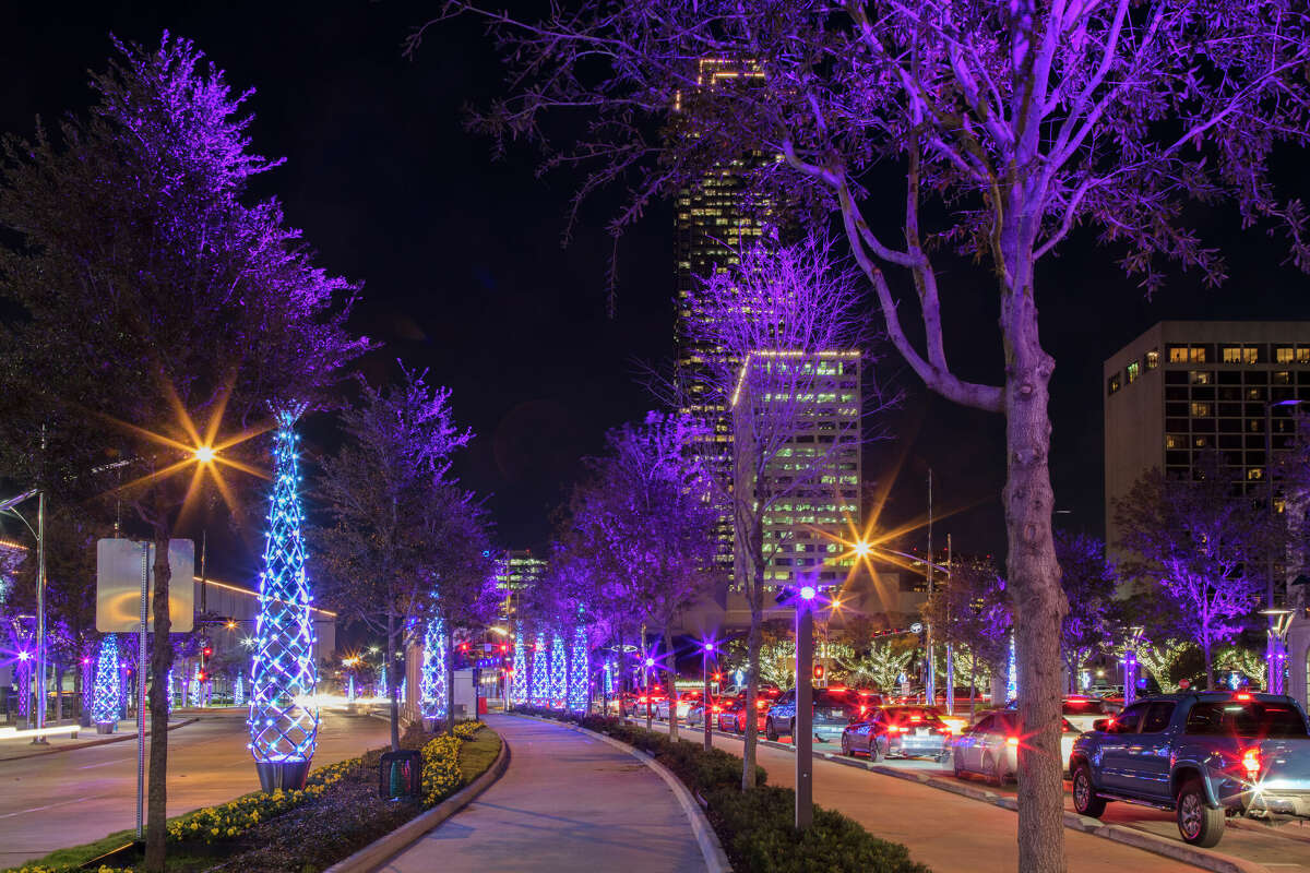 Christmas trees and holiday lighting on Post Oak Boulevard in the Uptown Galleria/Post Oak section of Houston, Texas.