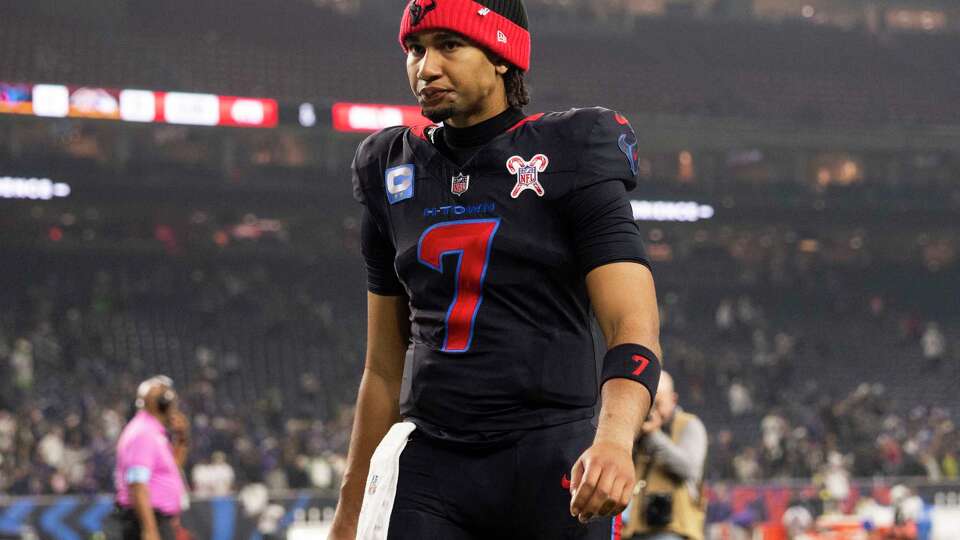 Houston Texans quarterback C.J. Stroud (7) walks off the field following the team’s 31-2 loss to the Baltimore Ravens during an NFL football game, Wednesday, Dec. 25, 2024, in Houston.