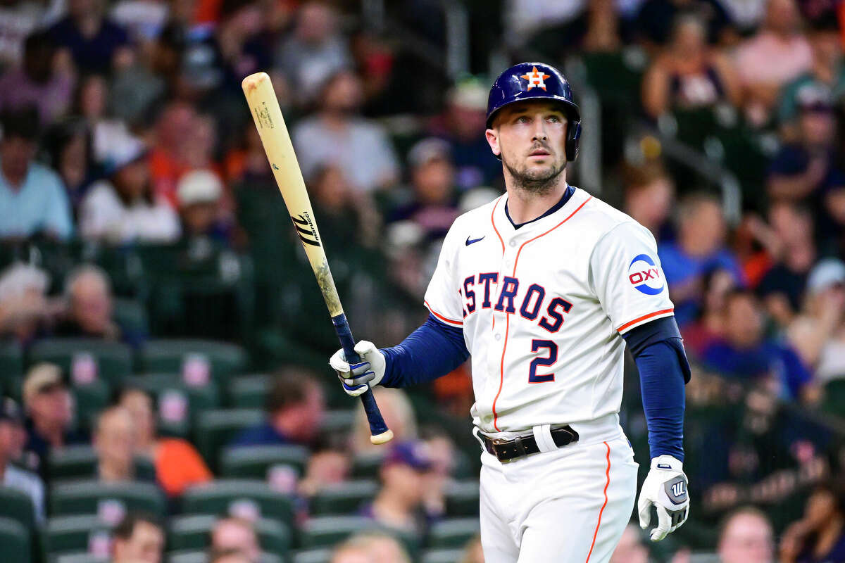 HOUSTON, TEXAS - JUNE 25: Alex Bregman #2 of the Houston Astros looks on after striking out in the second inning against the Colorado Rockies at Minute Maid Park on June 25, 2024 in Houston, Texas. (Photo by Logan Riely/Getty Images)