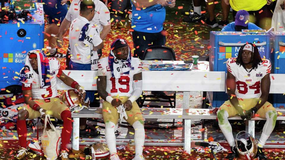 (L-R) San Francisco 49ers wide receivers Ray-Ray McCloud (3), Deebo Samuel (19) and Chris Conley (84) are seen after their team loss to the Kansas City Chiefs 25-22 in Super Bowl LVIII in Las Vegas, Nev., Sunday, Feb. 11, 2024.