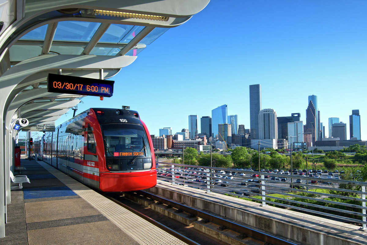 MetroRail Red Line makes a stop at the elevated Burnett Transit Center just outside of downtown Houston. 