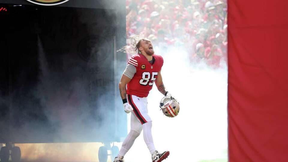 San Francisco 49ers’ George Kittle is introduced before 24-23 loss to Arizona Cardinals during NFL game at Levi’s Stadium in Santa Clara, Calif., on Sunday, October 6, 2024.