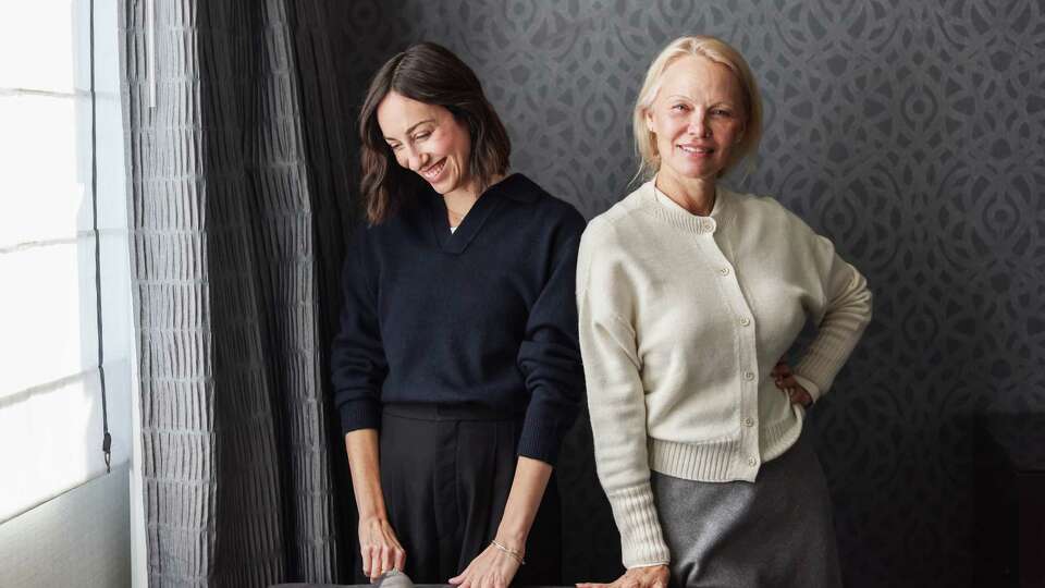 (L-r) Director Gia Coppola and actress Pamela Anderson pose for a portrait at the Ritz Carlton hotel in San Francisco on Friday, Nov. 8, 2024. Anderson stars in the new movie The Last Showgirl about a Vegas dancer at the end of her career. Coppola directs the film.