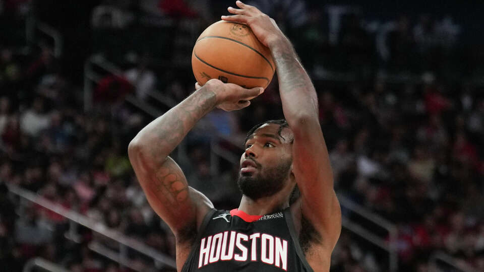 Houston Rockets forward Tari Eason (17) shoots a free throw during the second half of an NBA basketball game at Toyota Center, Wednesday, Nov. 13, 2024, in Houston.