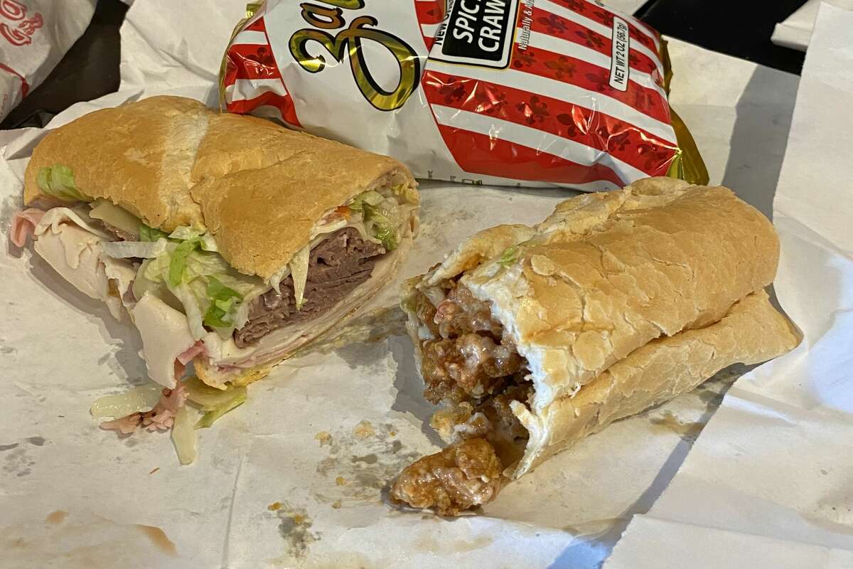 Half of a roast beef and turkey poor boy, and half of an oyster poor boy, from Olde Tyme Grocery in Lafayette, La.