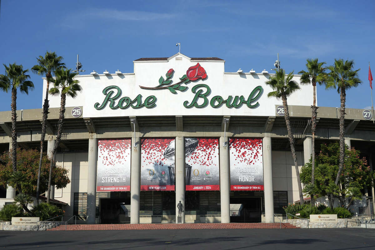 The Rose Bowl Stadium facade prior to the CFP Semifinal between the Alabama Crimson Tide and Michigan Wolverines on Dec. 24, 2023 in Pasadena, Calif.