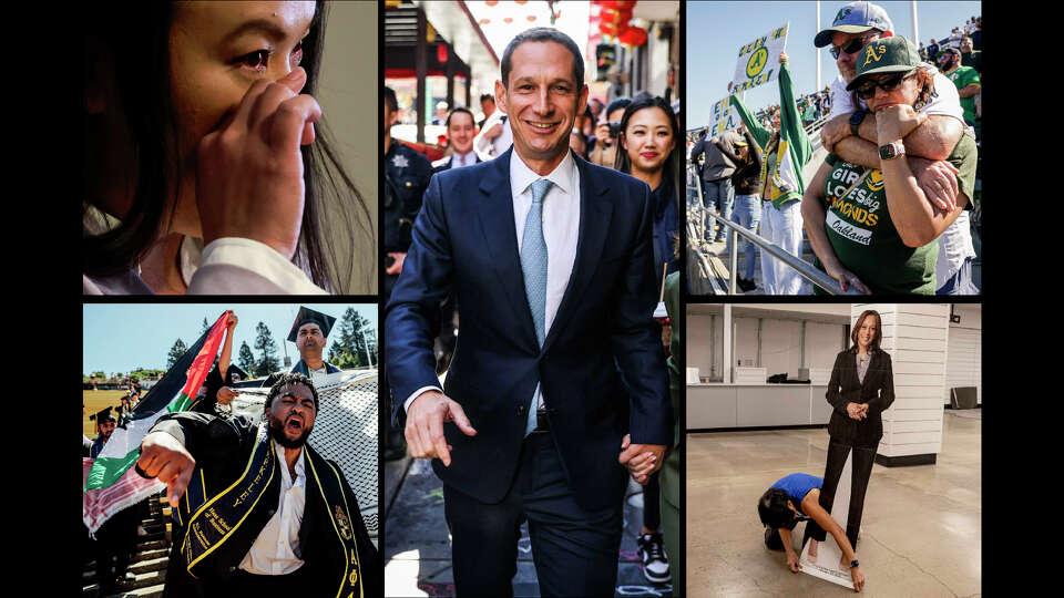 The Bay Area’s top 10 stories in 2024 include, clockwise from top left, the recall of Oakland Mayor Sheng Thao, whose home was raided by the FBI; political novice Daniel Lurie’s victory over incumbent London Breed in the San Francisco mayoral race; the A’s playing their final games in Oakland; Vice President Kamala Harris’ meteoric rise ending in a loss to Donald Trump for the presidency; and campus protests over the Israel-Hamas war.