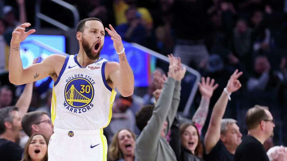 Golden State Warriors’ Stephen Curry celebrates 3 of his 37 points during Dubs’ 119-107 win over Philadelphia 76ers in NBA game at Chase Center in San Francisco on Tuesday, January 30, 2024.