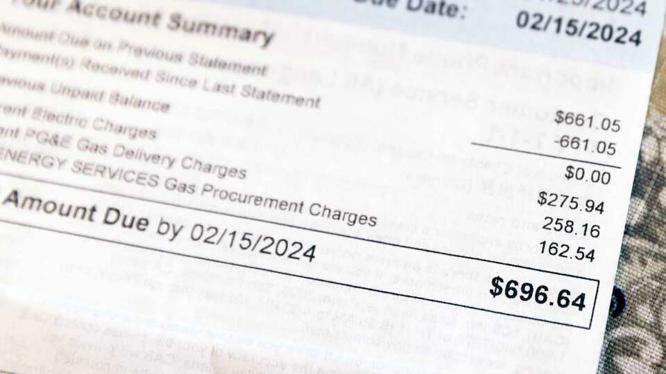 The PG&E bill of Dorothy Lovell, 89, in Santa Rosa, Calif., on Saturday, Feb. 03, 2024. Over winter, her PG&E bills skyrocketed for her two-bedroom home, where Lovell is in hospice care. Her highest bill is nearly $700.