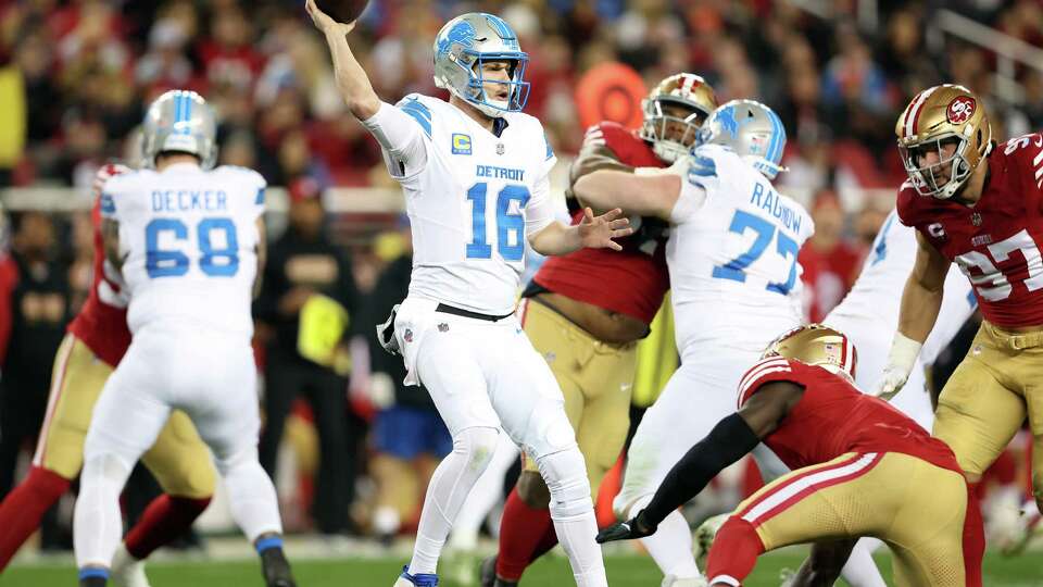 Detroit Lions’ Jared Goff passes in 2nd quarter against San Francisco 49ers during NFL game at Levi’s Stadium in Santa Clara, Calif., on Monday, December 30, 2024.