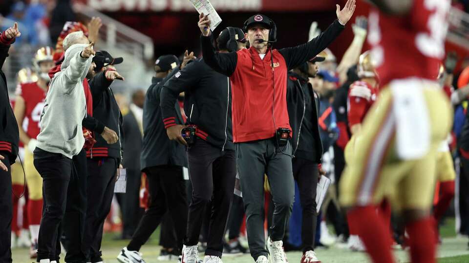 San Francisco 49ers’ head coach Kyle Shanahan reacts to an official’s call in 4th quarter of Detroit Lions’ 40-34 win in NFL game at Levi’s Stadium in Santa Clara, Calif., on Monday, December 30, 2024.