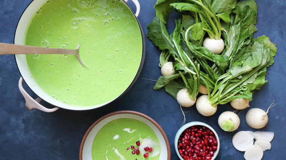 Japanese Turnip Soup gets its beautiful color from trnip greens.