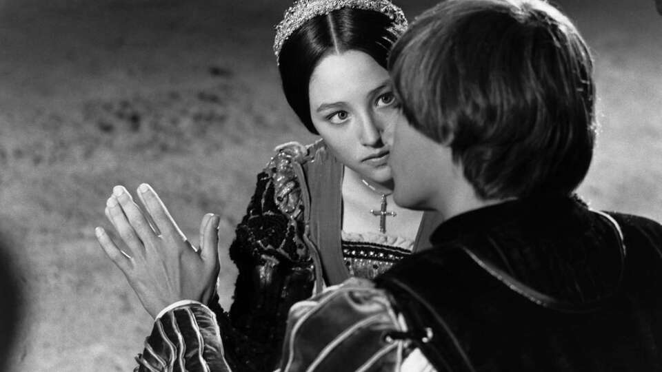 Actress Olivia Hussey, left, and actor Leonard Whiting filming 'Romeo and Juliet,' 1967.