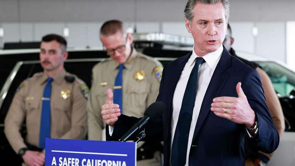 California Governor Gavin Newsom makes an announcement regarding public safety during a press conference held at the Caltrans District 4 Training Facility in Oakland, California Friday, Dec. 27, 2024.