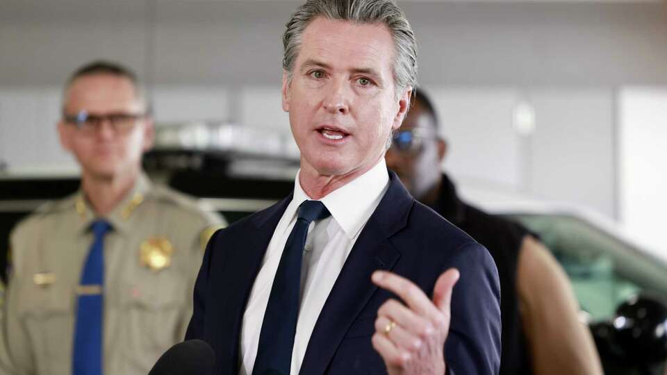 California Governor Gavin Newsom makes an announcement alongside California Highway Patrol regarding public safety during a press conference held at the Caltrans District 4 Training Facility in Oakland, Calif. Friday, December 27, 2024.