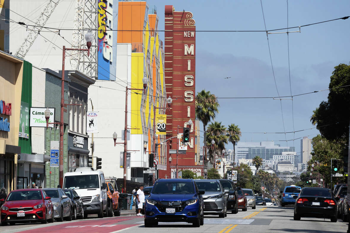 Traffic transits along Mission Street in San Francisco’s Mission district on Friday, Aug. 30, 2024. 