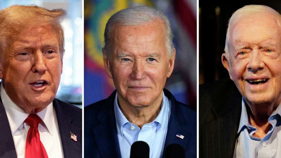 This combination of photos shows former President Donald Trump in New York, April 23, 2024, from left, President Joe Biden in Scranton, Pa., April 16, 2024, and former President Jimmy Carter, July 10, 2021, in Plains, Ga. Trump is running against Biden, but Trump, the presumptive Republican nominee, keeps bringing up Carter. Trump likes to cite the 99-year-old former president as a measuring stick to belittle Biden. (AP Photo)