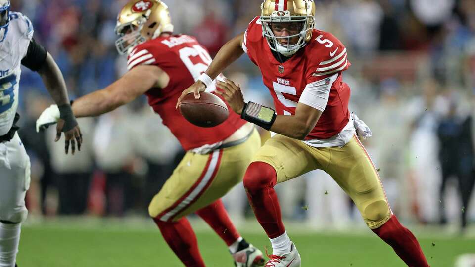 San Francisco 49ers’ Joshua Dobbs rushes for a 4th quarter touchdown against Detroit Lions during Niners’ 40-34 loss in NFL game at Levi’s Stadium in Santa Clara, Calif., on Monday, December 30, 2024.