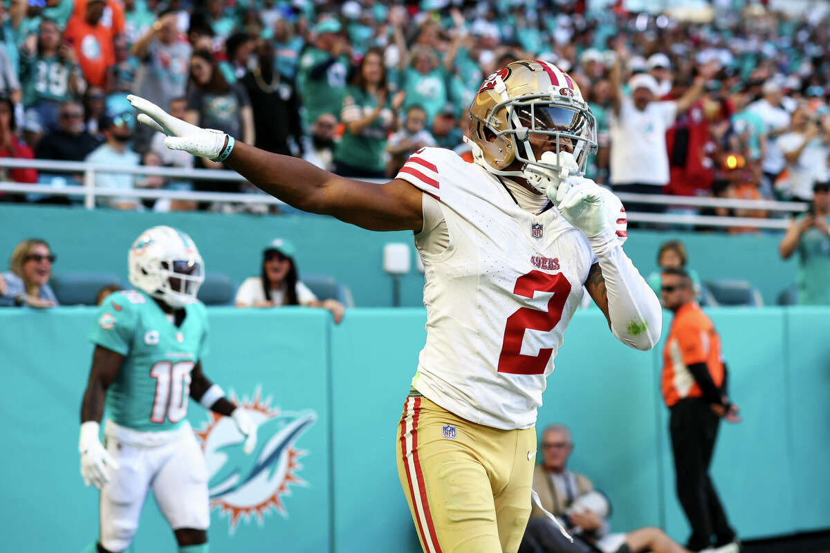 Deommodore Lenoir of the San Francisco 49ers celebrates after defending a pass during the first half of an NFL football game against the Miami Dolphins at Hard Rock Stadium on December 22, 2024 in Miami Gardens, Florida.