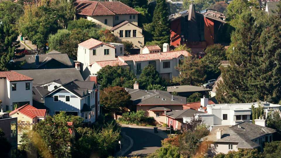 Homes sit among the trees in the hills of Oakland, California Monday, Sept. 23, 2024.