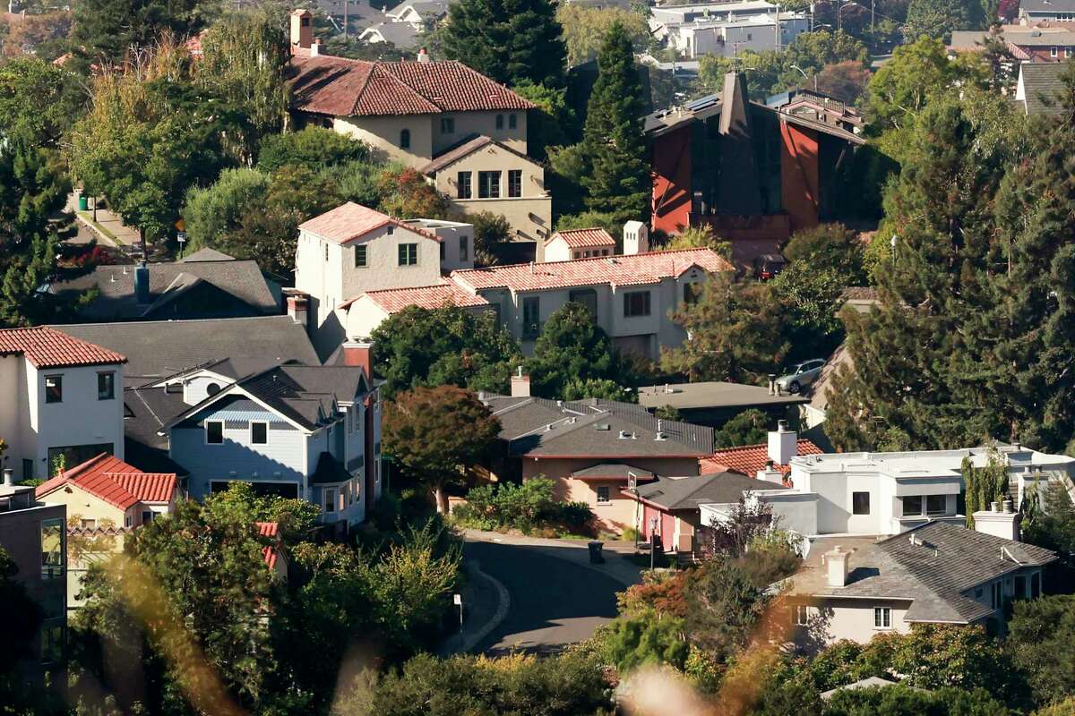 Homes sit among the trees in the hills of Oakland, California Monday, Sept. 23, 2024.