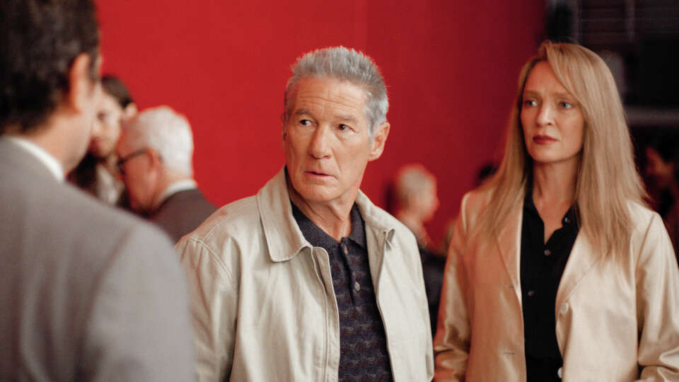 This image released by Kino Lorber shows Richard Gere, center, and Uma Thurman in a scene from 'Oh, Canada.' (Jeong Park/Kino Lorber via AP)